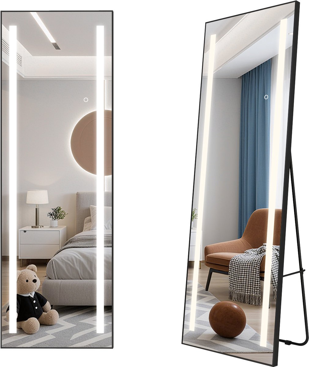 Puluomis Staande Passpiegel - LED-verlichting - Minimalistische Design Wandspiegel - 50 x 150 cm Zwart - Aluminium Frame HD Mirror - Kleedkamer Spiegel - Metalen Rand