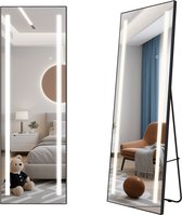 Puluomis - Staande Passpiegel - LED-verlichting - Minimalistische Design Wandspiegel - 50 x 150 cm Zwart - Aluminium Frame HD Mirror - Kleedkamer Spiegel - Metalen Rand
