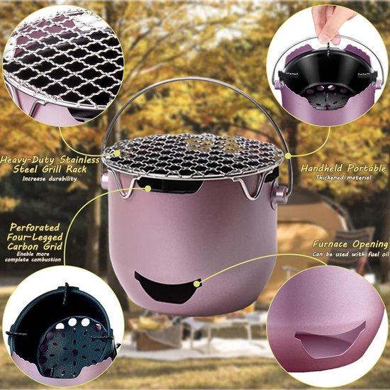 Draagbare houtskoolgrill - Mini roestvrijstalen houtskoolgrill - Paars - Kleine buitengrill - Mini houtskoolgrill - 2-in-1 buitengrill voor kamperen - Geschikt voor kamperen, barbecueën in de achtertuin, camper, picknicks van Merkloos — afbeelding 3