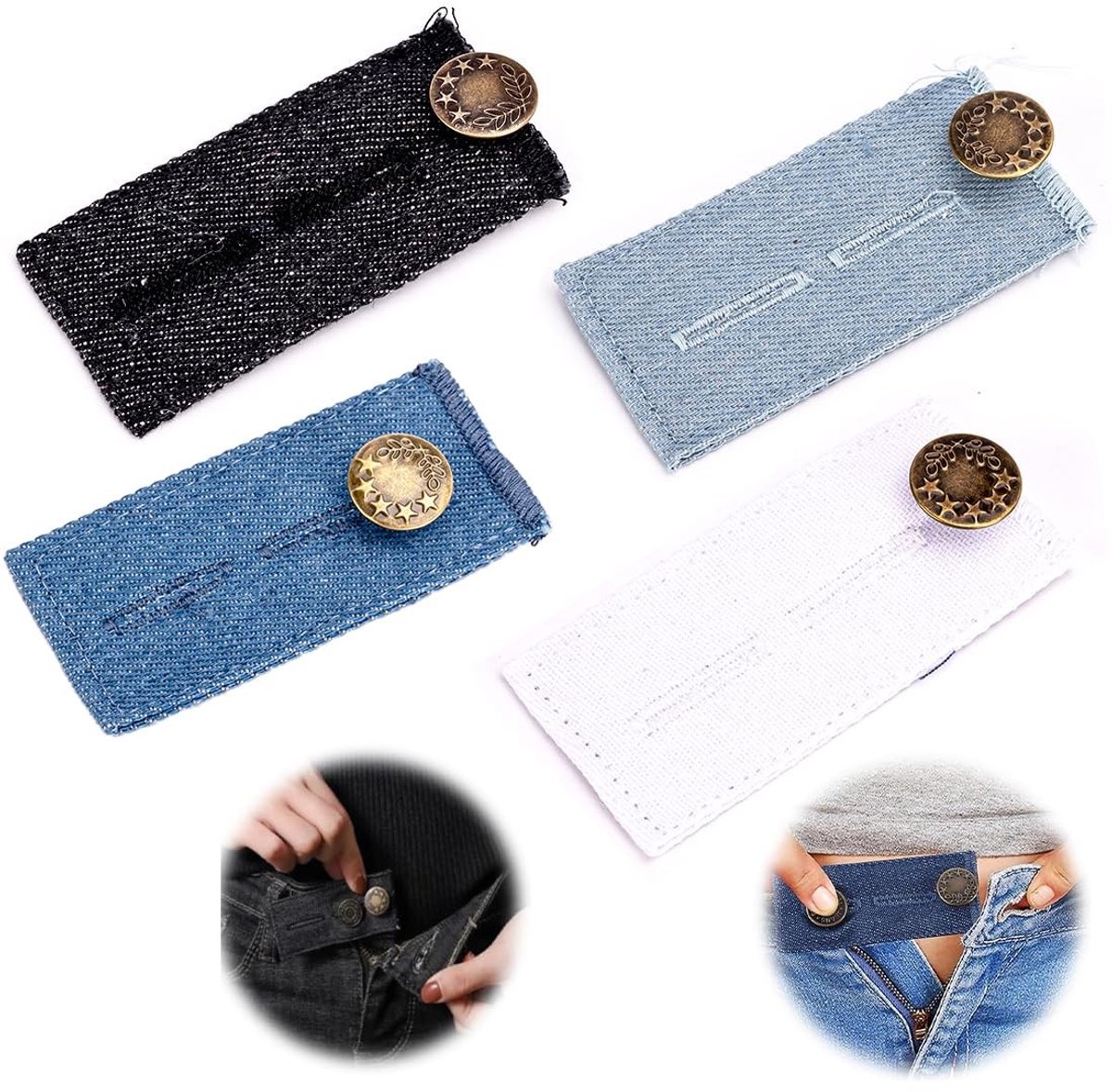 Dailygoods - MOLIMOLI 4-delige knoopverlenging voor broek, tailleverlenging riemen, Dames broek tailleverlenging, Verstelbare tailleriem, Jeans Zwangerschapsbroek Tailleverlenging, 82 × 36mm