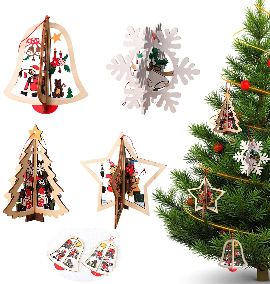 Dailygoods- Kerstboomhangers 4 stuks - 3D-kerstdecoraties van Hout - Klok/Ster/Sneeuwvlok/Kerstboom - Hangende Ornamenten - Uniek Design - Afmetingen Klok: 10,7 x 9,5 cm - Kerstdecoratie