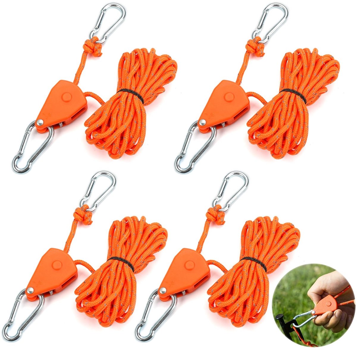 Dailygoods- Scheerlijnen 4 m - Verstelbare Kabelratel - Reflecterende Touwhaspel - Nylon/Aluminium - Haken - Winddicht Touw