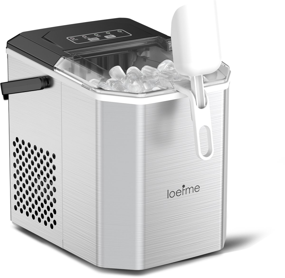 LOEFME RVS Ijsblokjesmachine - Ijsblokjesmaker met IJsschep & IJsmand - 1,2L - 12kg/24u - 6 min - Zelfreinigingsfunctie - Draaghandgreep - Zilver