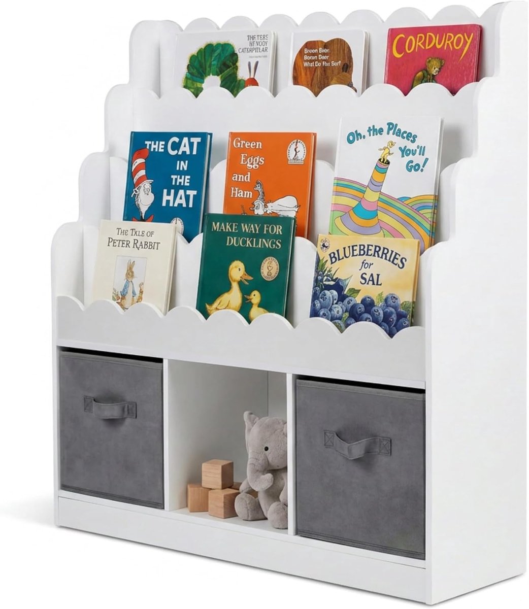 KOMFOTTEU Kinderboekenkast - Montessori kinderboekenkast - kinderboekenkast met 2 opbergdozen en 4 planken - speelgoedkast - 90 x 30 x 91,5 cm Wit