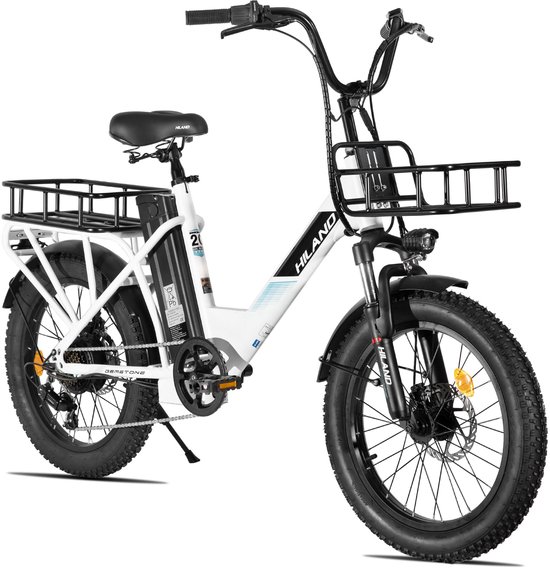 Witte HILAND elektrische fatbike met bagagedragers voor en achter, brede banden en een verende voorvork.