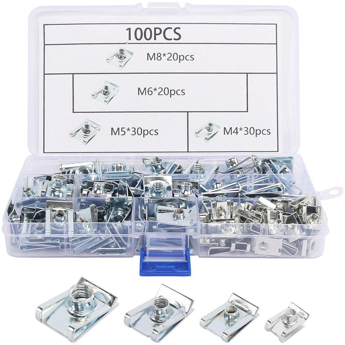 Dailygoods- Schroefdraadclipmoerset 100 stuks - Roestvrij Stalen Plaatmoeren - M4/M5/M6/M8 - Assortiment met Opbergdoos - Duurzaam en Bestand tegen Roest - Moerset