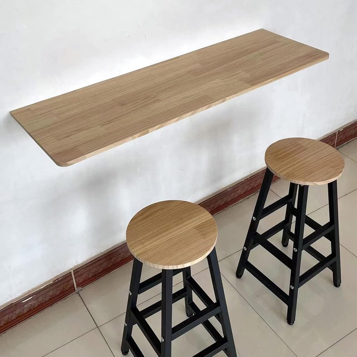 Wandmontage Klaptafel - Eettafel Bureau - Ruimte Besparen - Houten Bureau Met Steunen - 80x20 Inch - Houtkleur