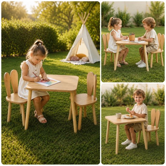 Kinderen aan een houten kindertafel buiten, met stoeltjes met konijnenoren.