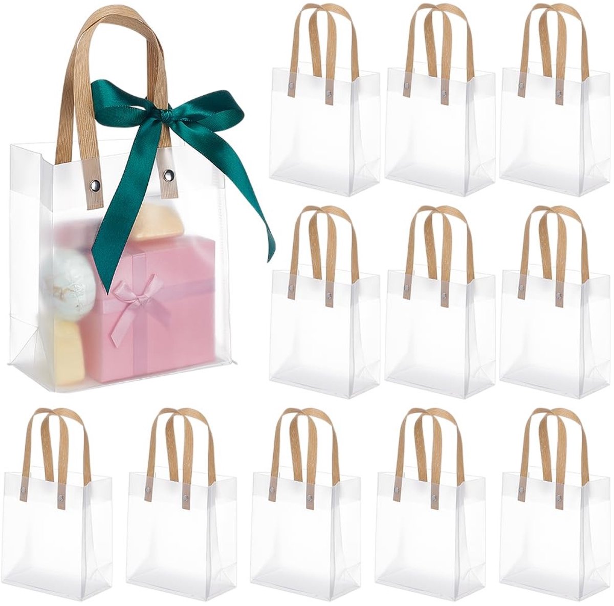 Dailygoods- Cadeauzakjes 24 stuks - Doorzichtige Zakjes - Plastic Zakjes - Feestzakjes - Met Handvatten - 24,5 x 13,1 x 7 cm - Geschenktassen