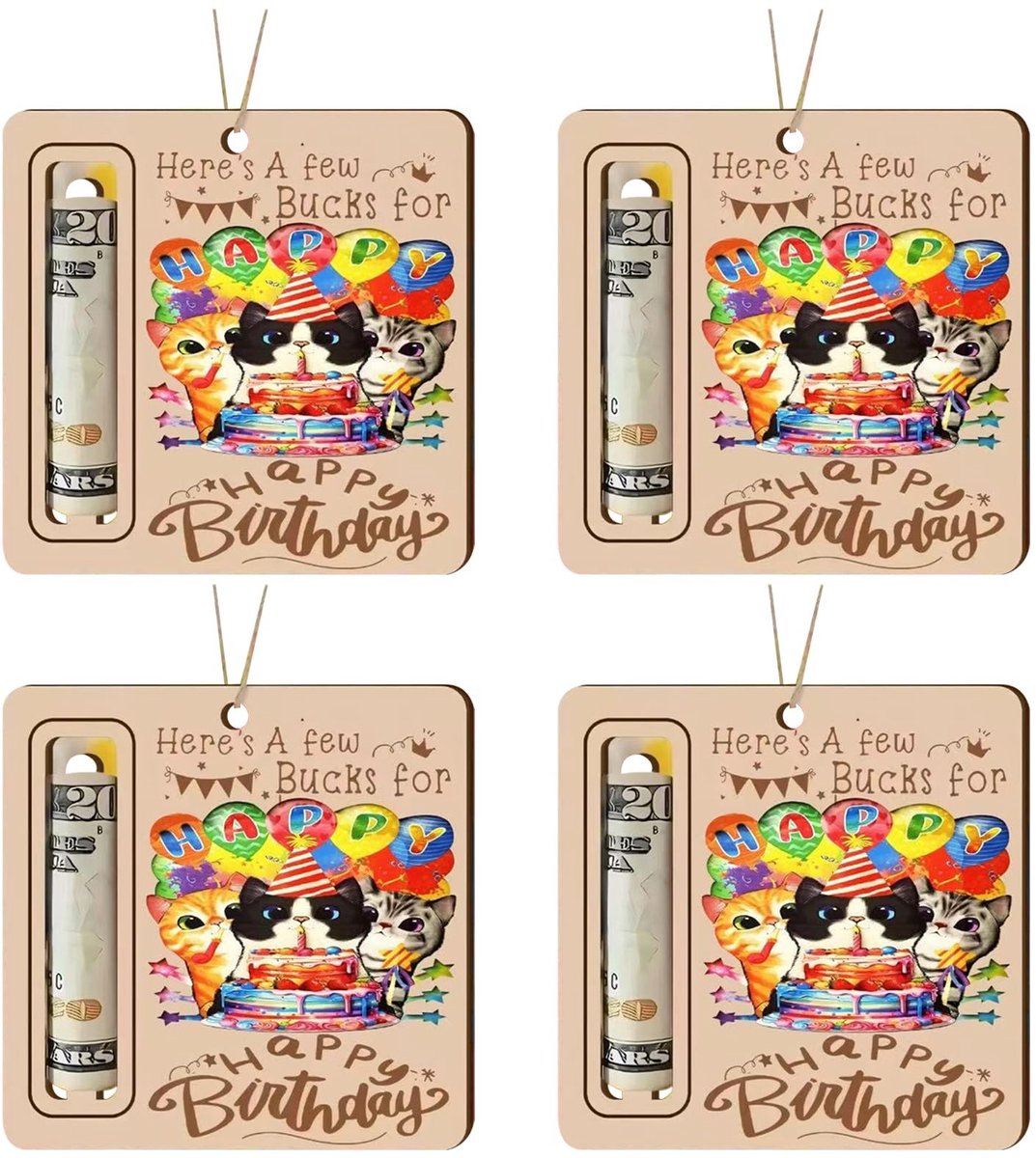 Dailygoods- Verjaardagskaart Houten - 4 Stuks - Creatief Cadeau - Geldcadeau - Veelkleurig - 10 x 10 cm - Kittens Motief - Geldkaart