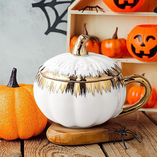 Pompoen Mok - Koffie Mok - Feestelijke Decoratie - Met Deksel Lepel - 300 ml - Wit — afbeelding 3