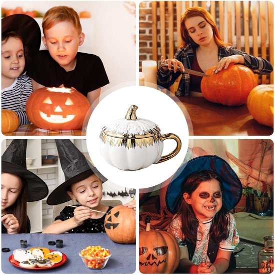 Pompoen Mok - Koffie Mok - Feestelijke Decoratie - Met Deksel Lepel - 300 ml - Wit — afbeelding 4