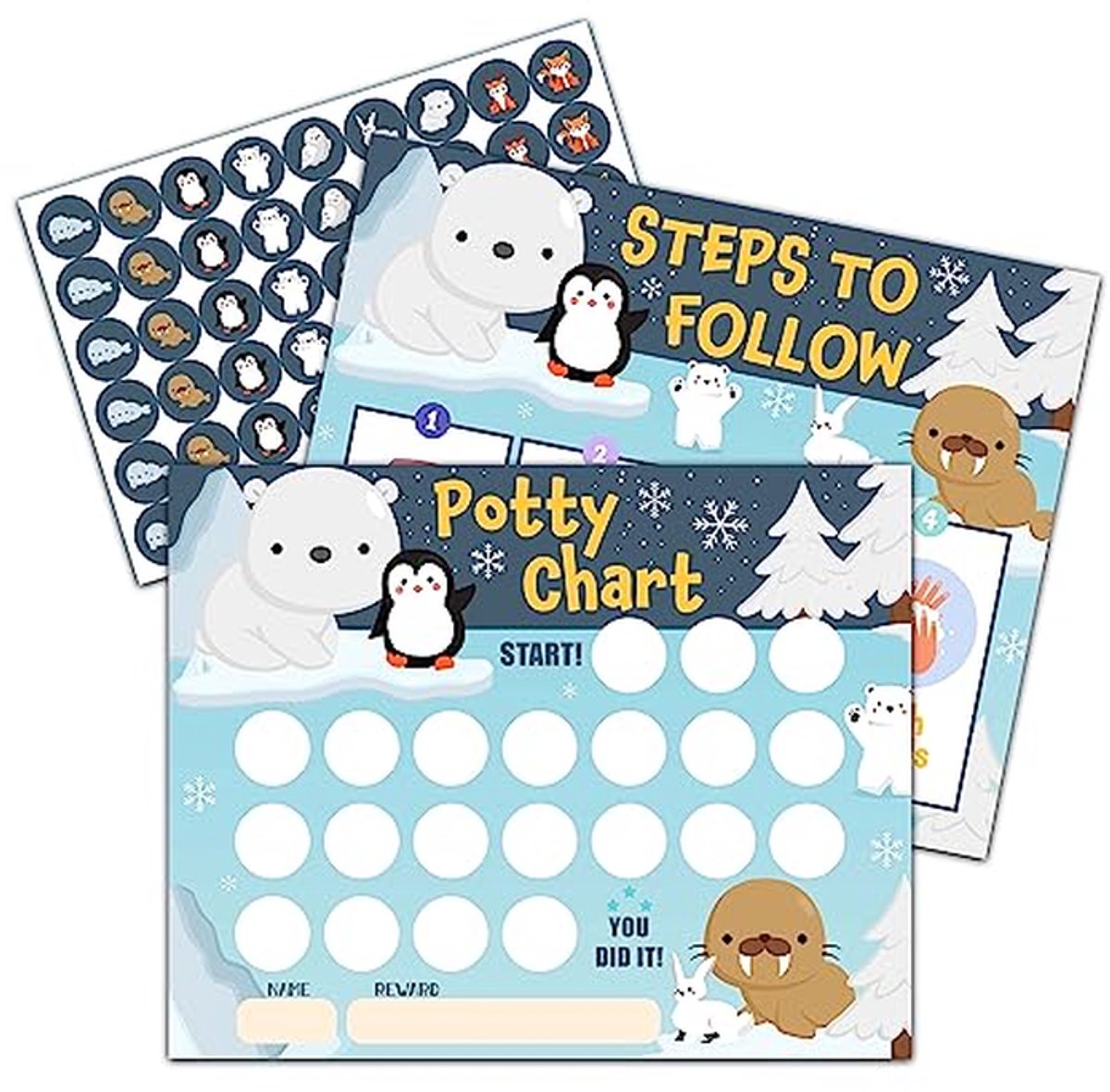Zindelijkheidstickerkaarten - Beloningskaarten kinderen - Potjestraining stimuleren - Vrolijke winterdieren thema - 10 kaarten 216 stickers - Multicolor