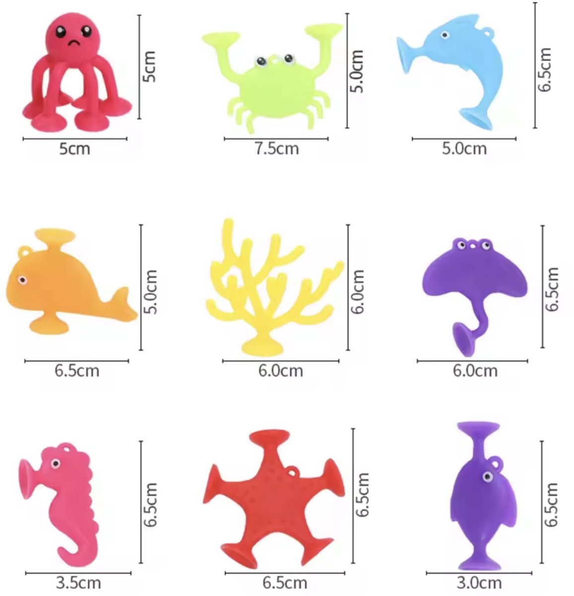 KimDo - Silicone Zeedieren Zuignap Speelgoed 9 stuks – Sensorisch - Vliegtuig - Onderweg - Kleurrijk - Bad Speelgoed - Bouwspeelgoed Peuters en Kleuters