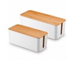 BUDDLEY Kabelbox Wit Bamboe (SET M en L) - Kabeldoos - Kabel Opbergbox Stekkerdoos - Kabel Management onder bureau - Kabel Organiser Bureau - Kabel Organiser - Kabelbox Stekkerdoos - CableBox - Kabel Doos - Kabelbox voor snoeren wegwerken