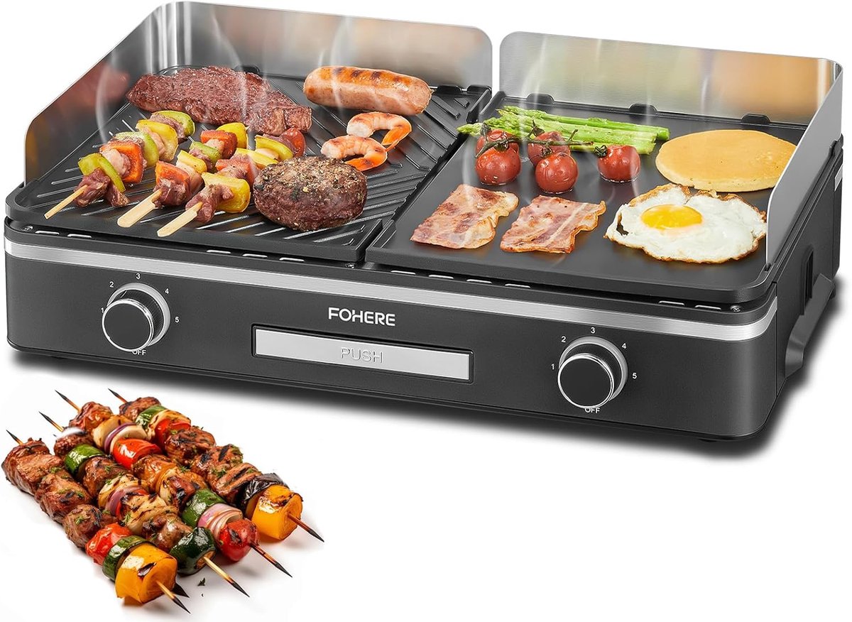 Elektrische Grill - Tafelgrill Duo - Buiten koken - Dubbele temperatuurregeling - 51 x 30 x 15.8 cm - Zilver