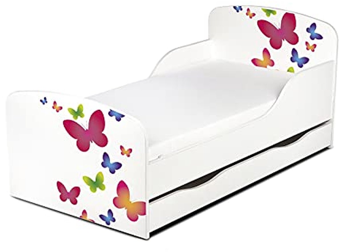 Kinderbed met Lade - Houten Bed - Kinderslaapkamer Inrichten - UV-druk Vlinders - 140x70 cm - Wit