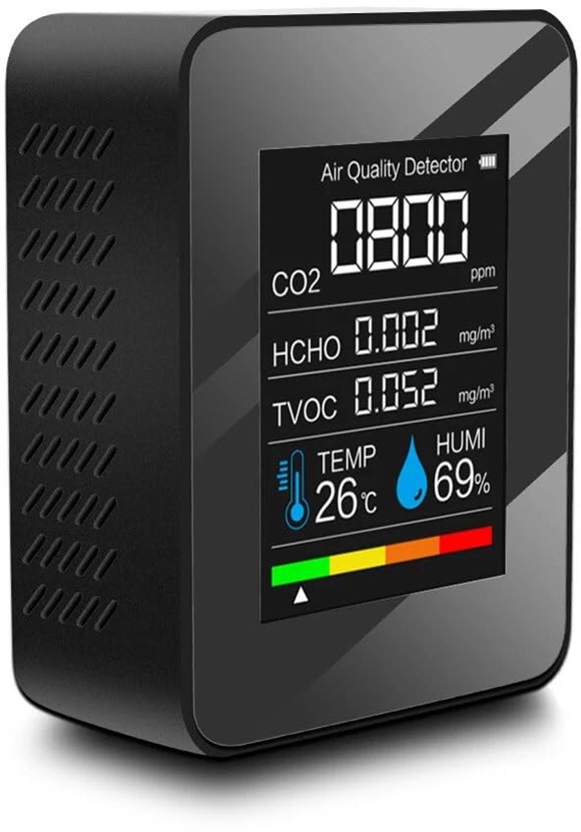 Luchtkwaliteitsmonitor - Luchtmeter Detector - Binnenlucht Meten - 5-in-1 Sensor - 1200mAh Batterij - Zwart