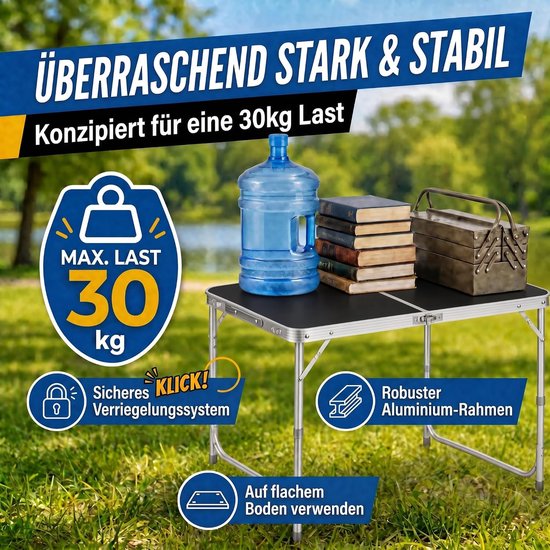 Denz Outside - Opvouwbare Aluminium Campingtafel 120x60 cm - Klaptafel voor Tuin, Camping en Outdoor, Zwart van Denz — afbeelding 3