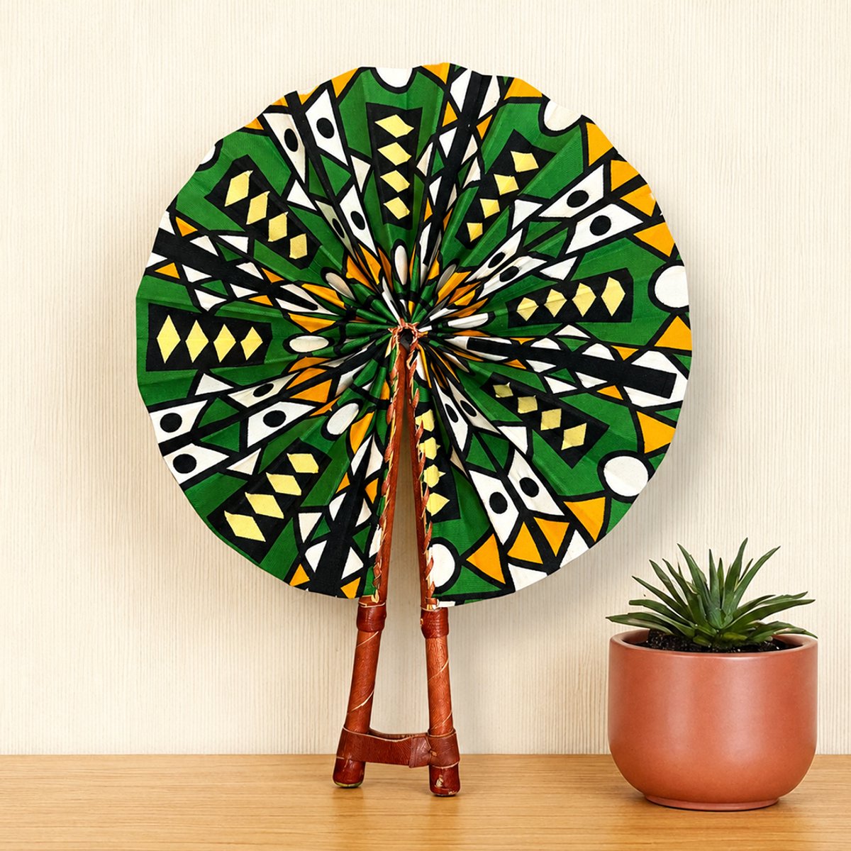 Afrikaanse handwaaier - Ankara print waaier - Groen Geel Asare