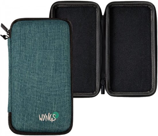 Open turquoise hoes met zwarte rits en het WINGS-logo. Zijkanten zijn van zwarte stof.