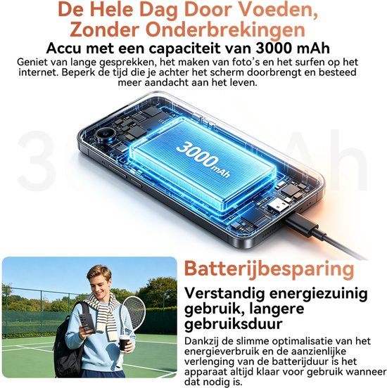 Gedetailleerde weergave van de 3000mAh batterij in een smartphone, met een jongeman op een tennisbaan.