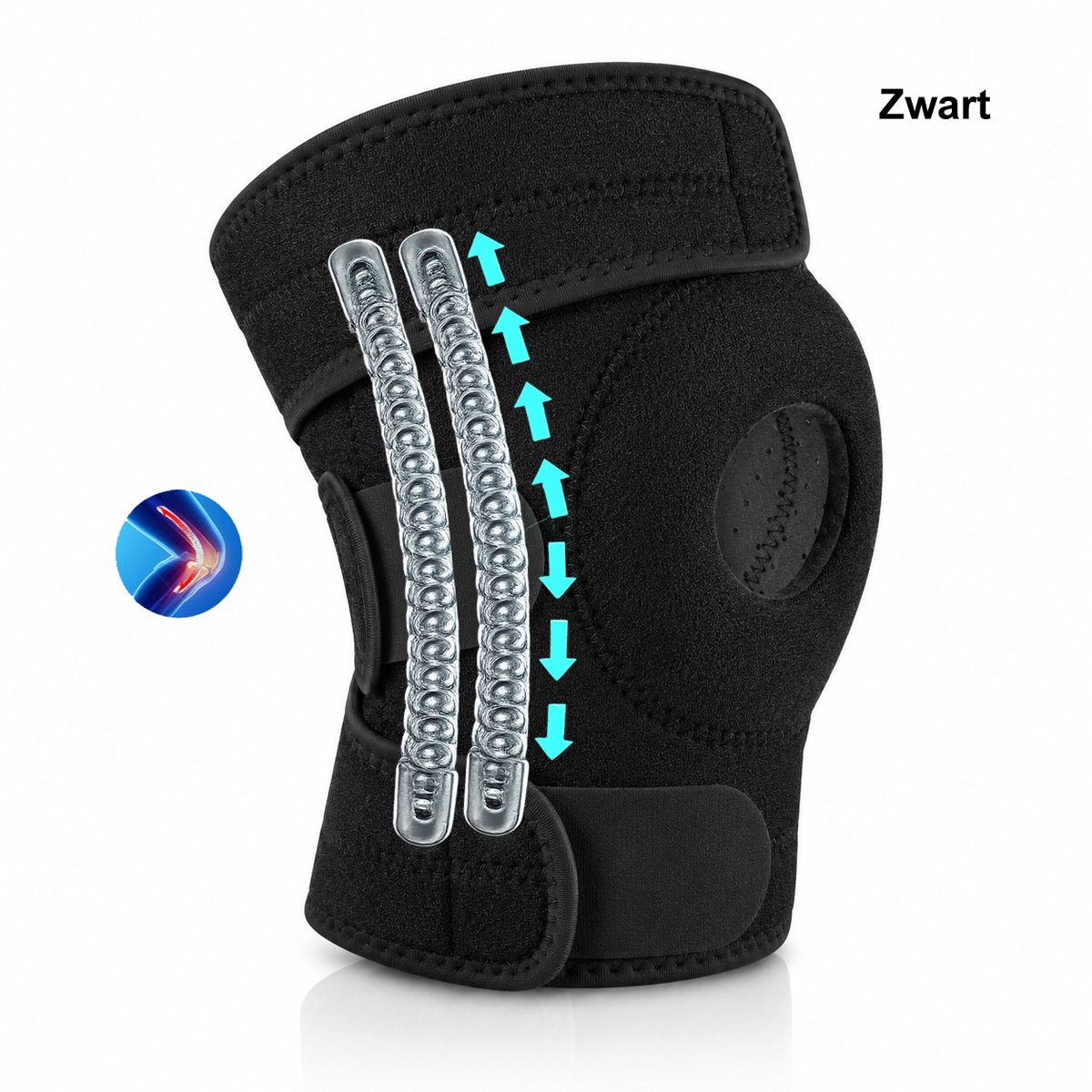 Kniebrace met Zijstabilisatoren – 1Stuks - Voor Rechts - Verstelbare Ademende Kniebandage – Ondersteuning bij Sport, Meniscus, Patella en Kniepijn - Patellabrace - Patellabandje - Een maat - Zwart