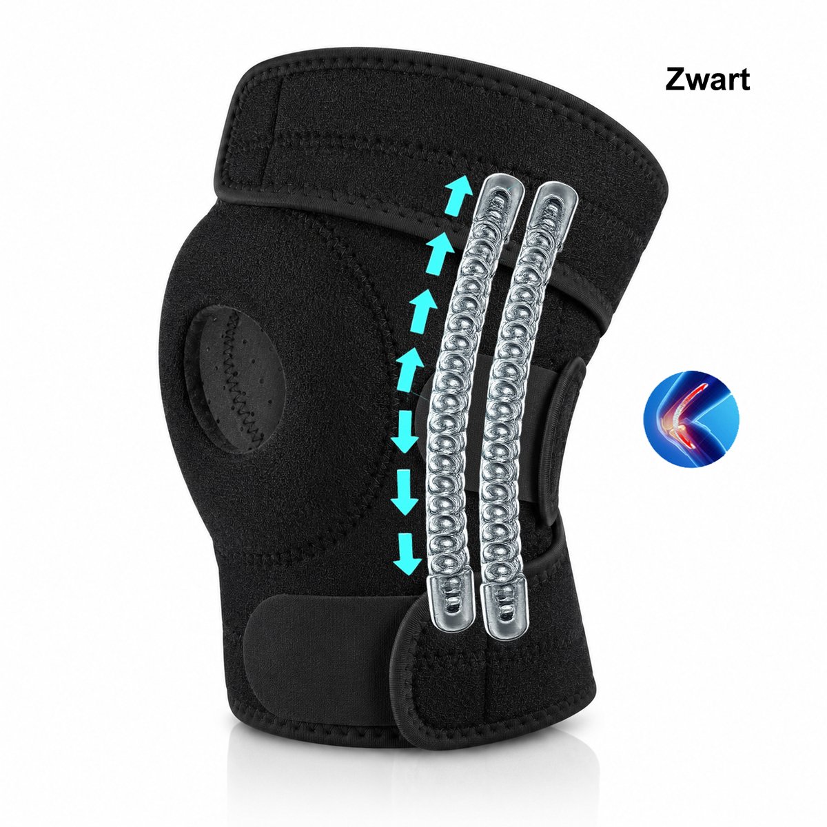 Kniebrace met Zijstabilisatoren – 1Stuks - Voor Links - Verstelbare Ademende Kniebandage – Ondersteuning bij Sport, Meniscus, Patella en Kniepijn - Patellabrace - Patellabandje - Een maat - Zwart