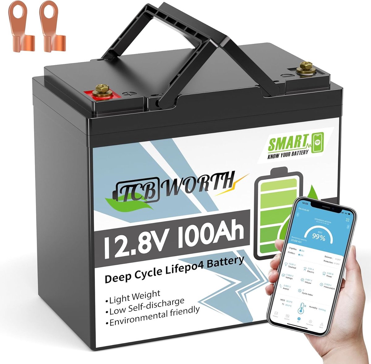 Lithium Accu - Energie Opslag - Zonne-energie - Bluetooth Bewaking - 100Ah 12V - Zwart