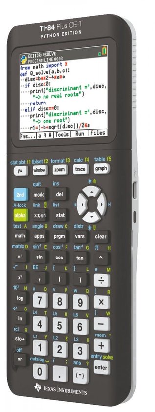 Zwarte TI-84 Plus CE-T Python Edition grafische rekenmachine met een scherm dat Python-code weergeeft.