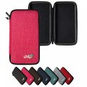 Roze beschermhoes voor rekenmachine, geopend, met een zwart interieur. Zeven kleine hoesjes in verschillende kleuren onderaan.