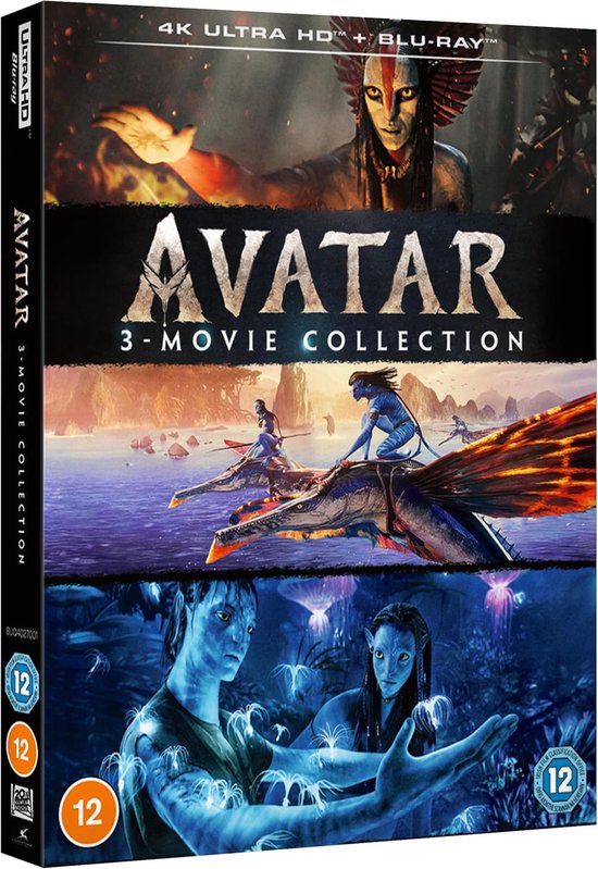Avatar 3-filmcollectie in 4K Ultra HD + Blu-ray. Bevat afbeeldingen van personages, Na'vi op vliegende dieren, een weelderige, buitenaardse wereld en een '12'-classificatiekeurmerk.