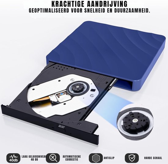QORA® Externe DVD Speler voor Laptop - Externe DVD Speler - DVD Speler - Blauw - ‎19cm x 17cm x 4cm — afbeelding 4