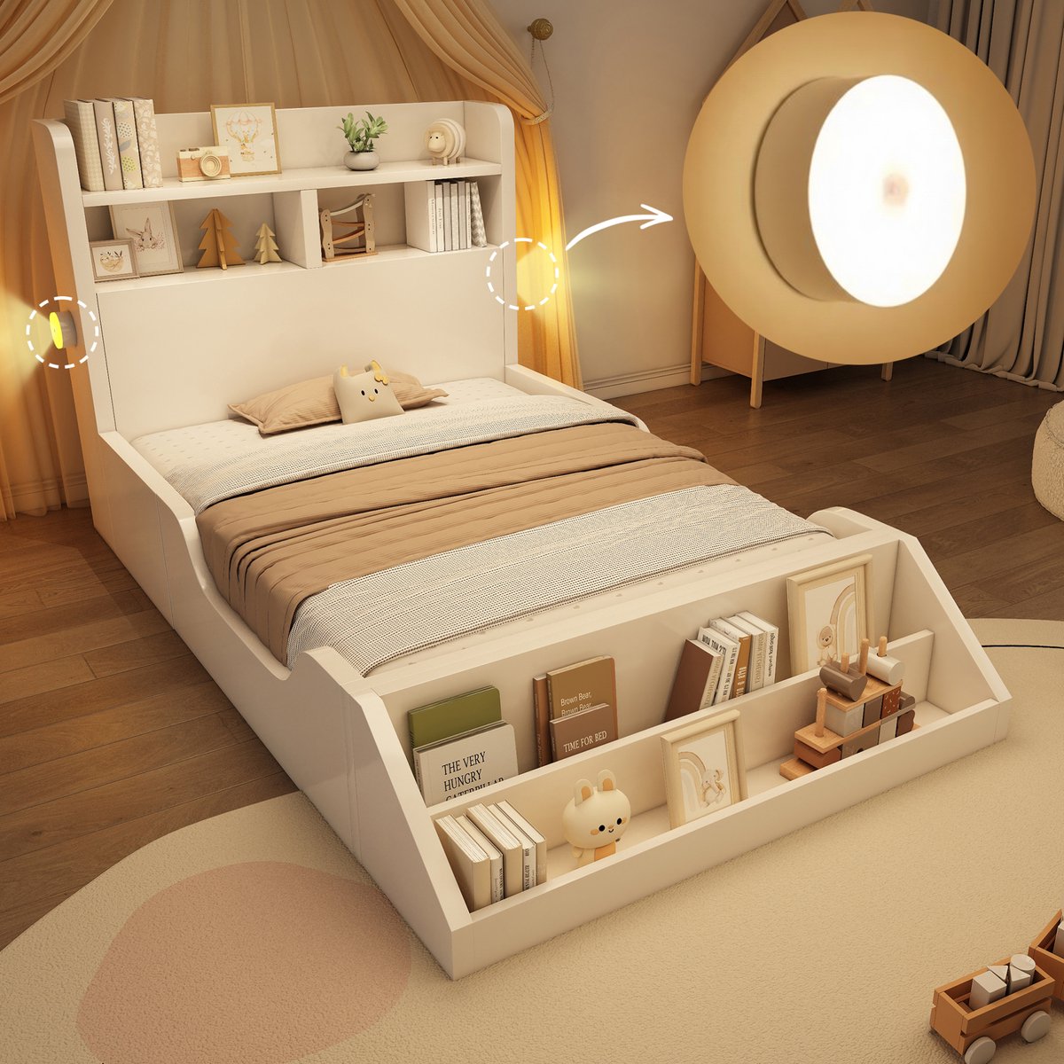 MEUNIQ eenpersoonsbed 90x200 cm kinderbed met lattenbodem, afneembaar boekenrek, 2 nachtlampjes en opbergplanken, houten bedframe voor kinderkamer, wit