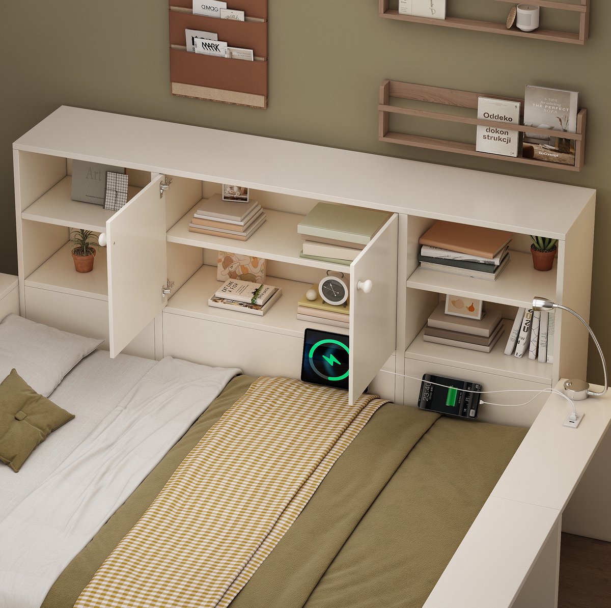 MEUNIQ bedbank 140x200 cm met 2 lades, opbergruimte in hoofdbord, USB en USB-C, leeslamp e