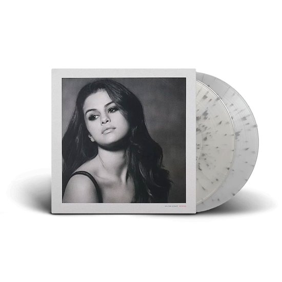 Vinylplaathoes met Selena Gomez, zilveren splatter vinyl.
