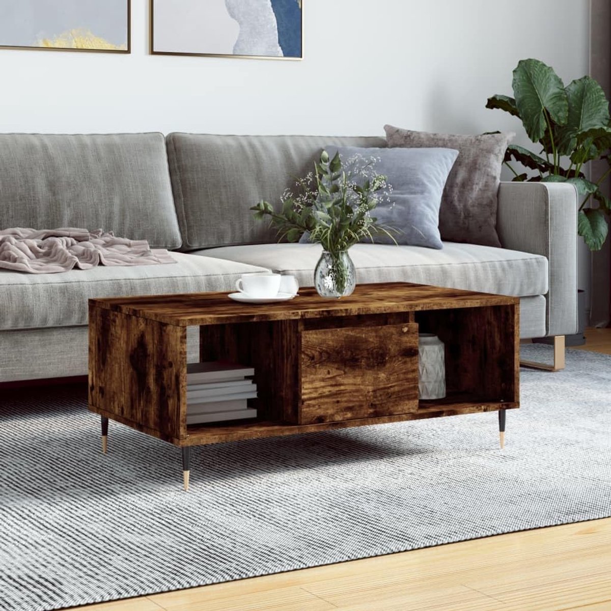 Koffietafel - Middentafel Woonkamer - Woonkamer Inrichten - Met Opbergruimte - 90x50x36.5cm - Gerookt Eiken
