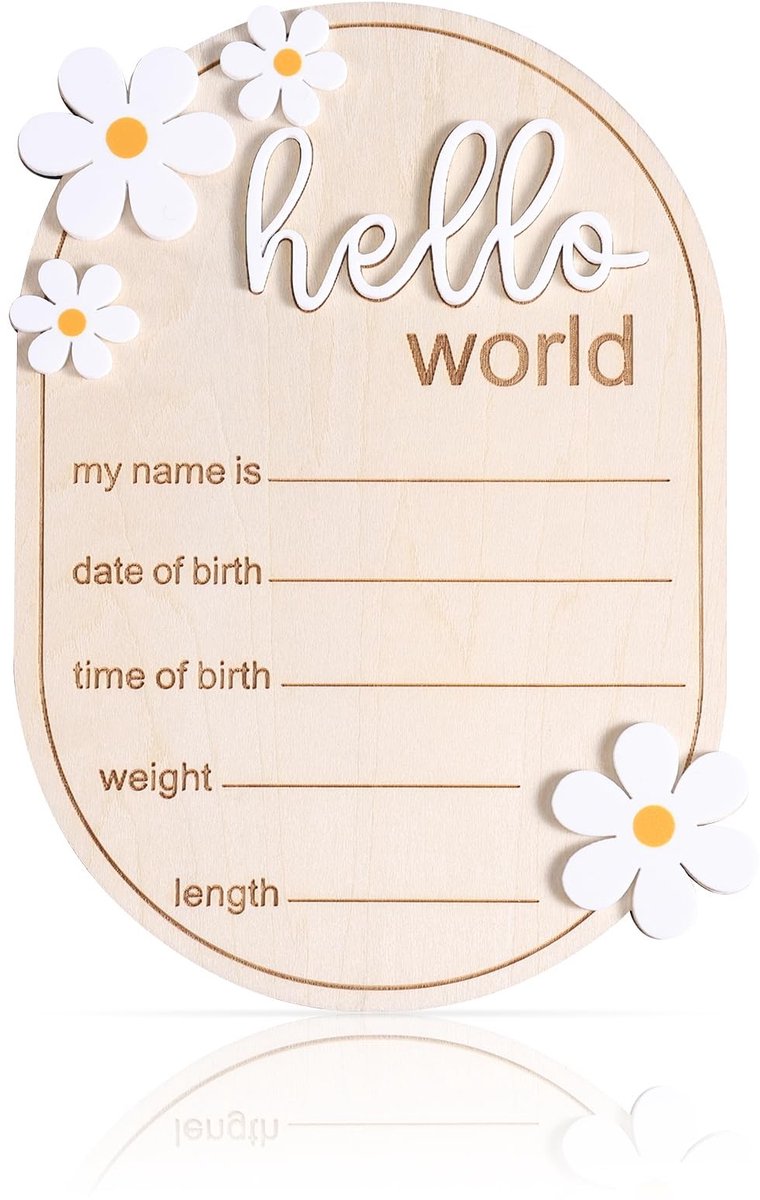 Dailygoods- Aankondigingsbord Houten - Geboortebord voor Ziekenhuis - Geboortebord voor Kinderkamer - 15x10,5 cm - Duurzaam - Hello World Design