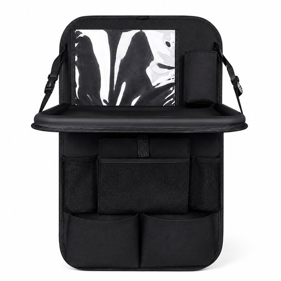 Un organisateur de siège auto noir pliable avec une pochette de tablette, un plateau et plusieurs poches de rangement.