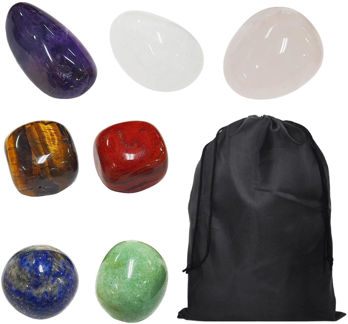 Dailygoods- Kristalsteen Set van 7 - Natuurlijke Edelstenen - Opbergtas - Decoratie - Helende Stenen - Diameter 3-4 cm