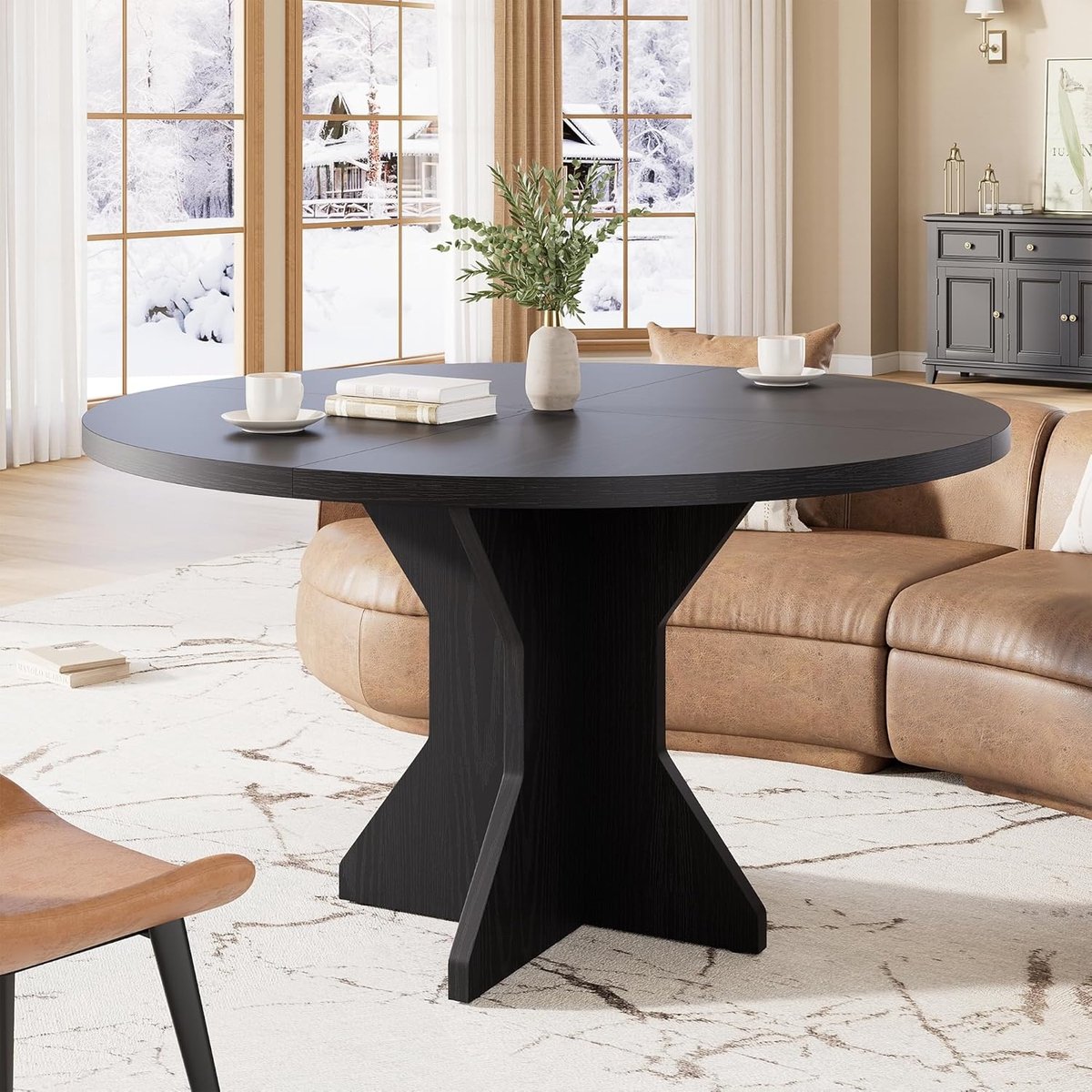 Eettafel Rond 120cm Voor 4-6 personen - 120x120x75cm - Ruimtebesparende eettafel - K-vormig onderstel - Bevestigingsmiddelen - Voor Eetkamer en Woonkamer - Zwart