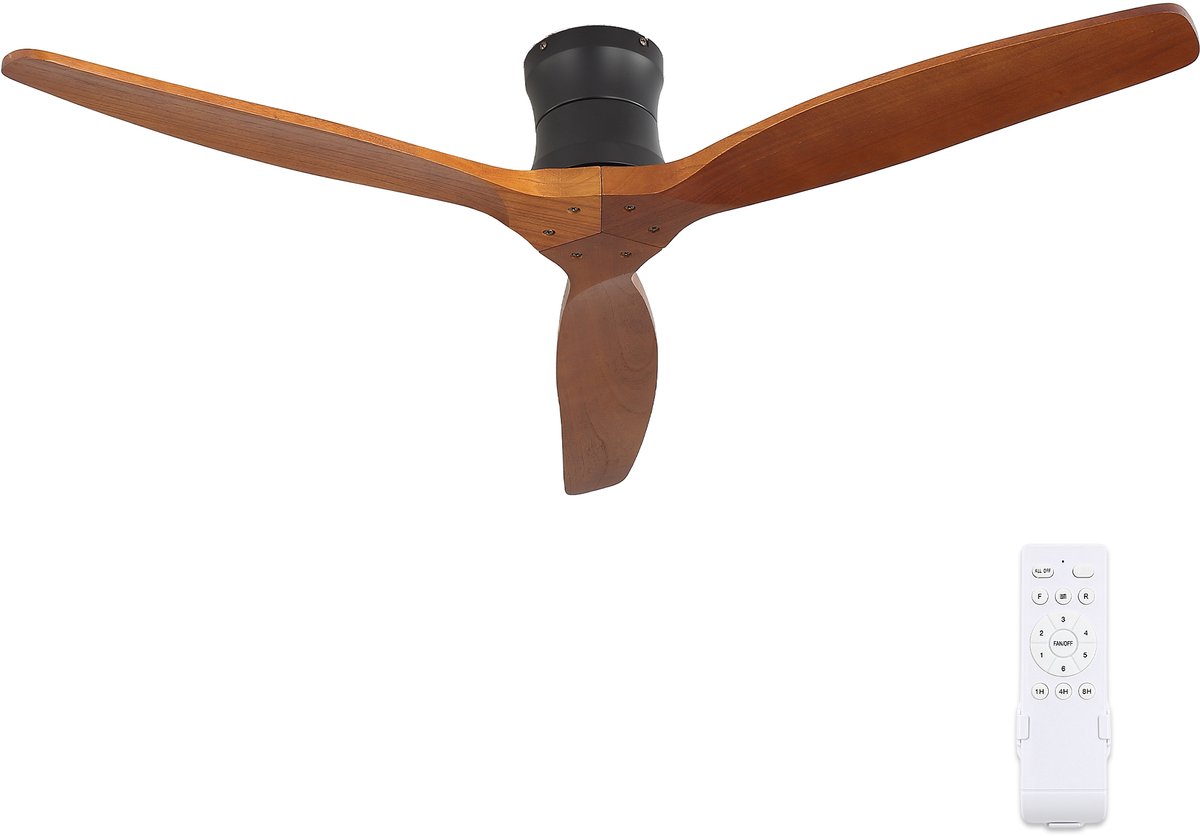 KOMHTOM - Plafondventilator - 52 inch - Zonder verlichting - Omkeerbare motor - Timer (1 uur/4 uur/8 uur) - 3 vleugels van massief hout