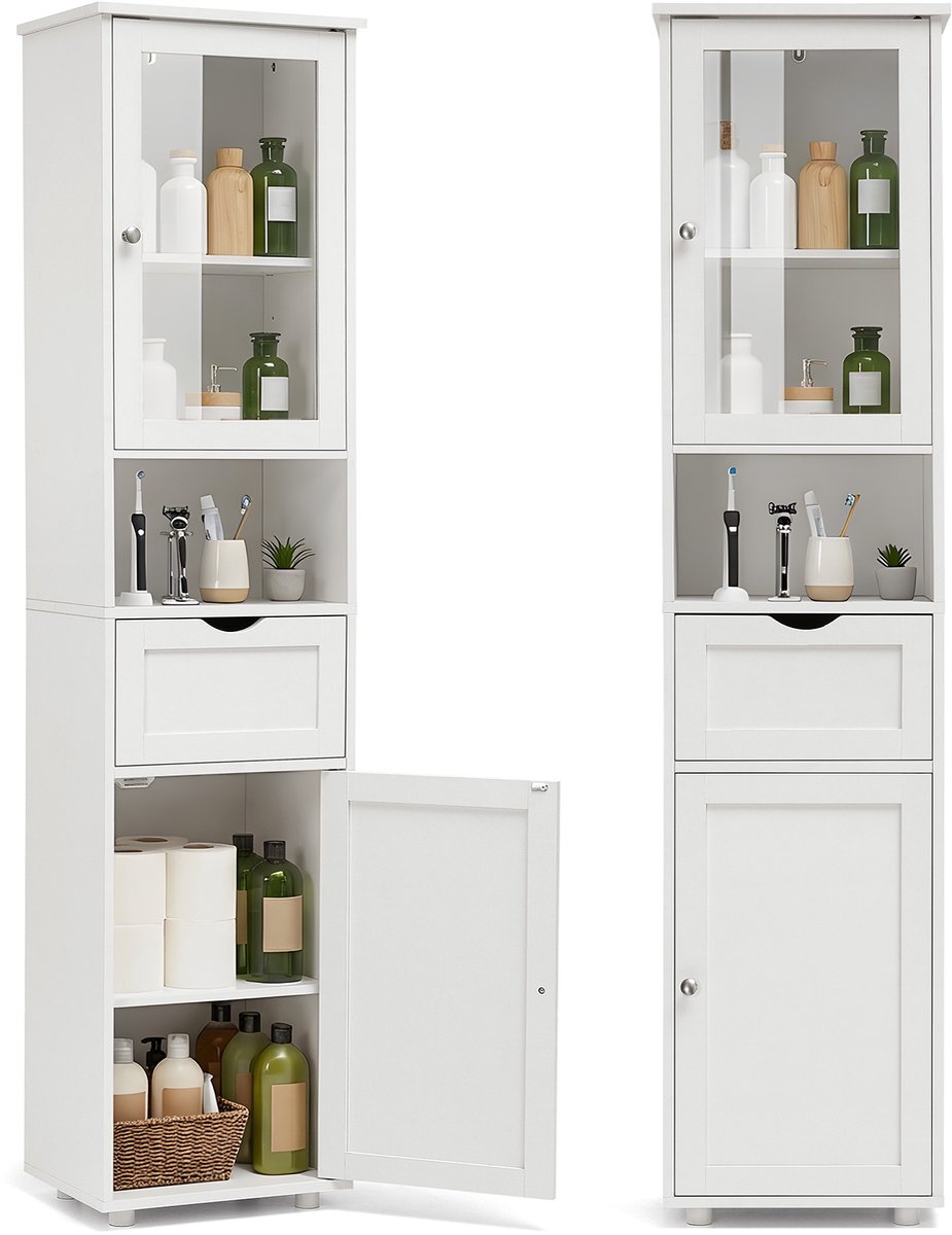 HOKEEPER kolomkast badkamer - badkamerkast smal 165,5 x 40 x 30 cm - badkamerkast met 2 deuren en open vakken - opbergkast badkamer - vrijstaande badkamerkast - wit