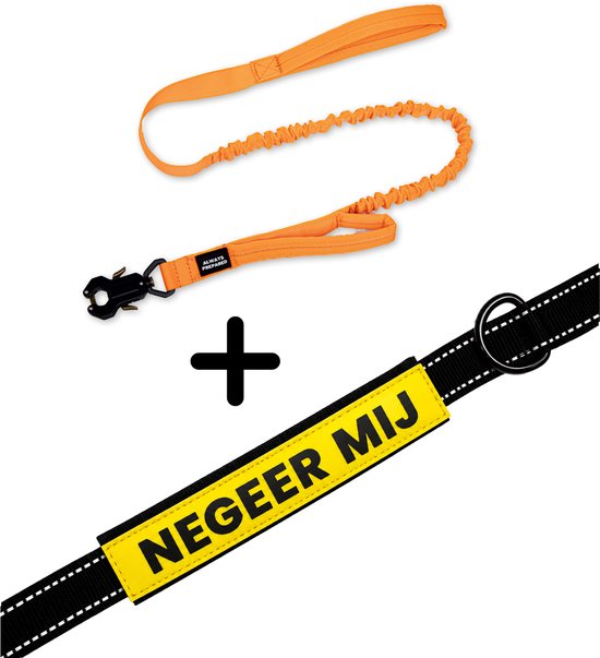 Laisse élastique orange avec clip grenouille noir et laisse noire avec manchon jaune "NE ME TOUCHEZ PAS".