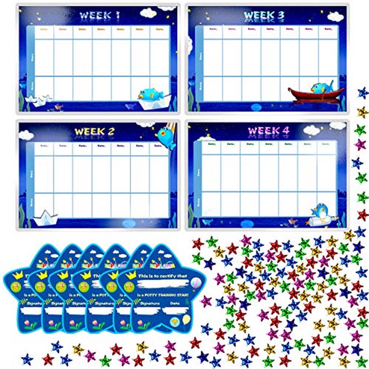 Zindelijkheidstraining Grafiek - Beloningskaarten Set - Peuters Motiveren - Waterdicht en Herbruikbaar - 600 Sterren - Multicolor