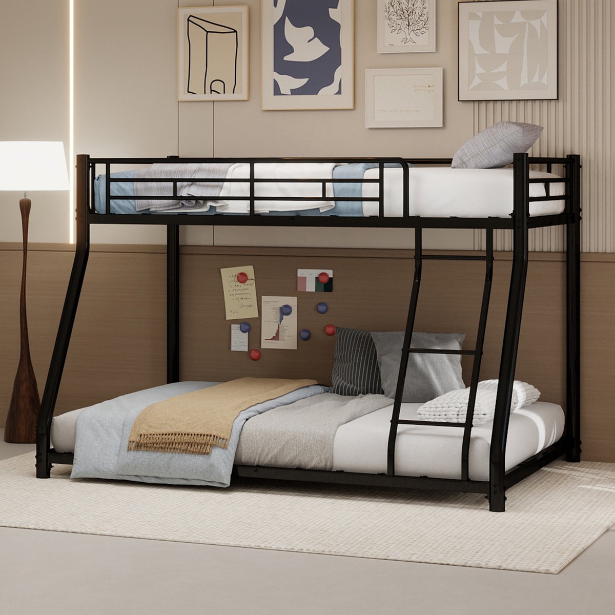 MEUNIQ metalen stapelbed 90x190 en 140x190 cm met ladder, verhoogde uitvalbeveiliging en metalen lattenbodem, bedframe voor slaapkamer in zwart