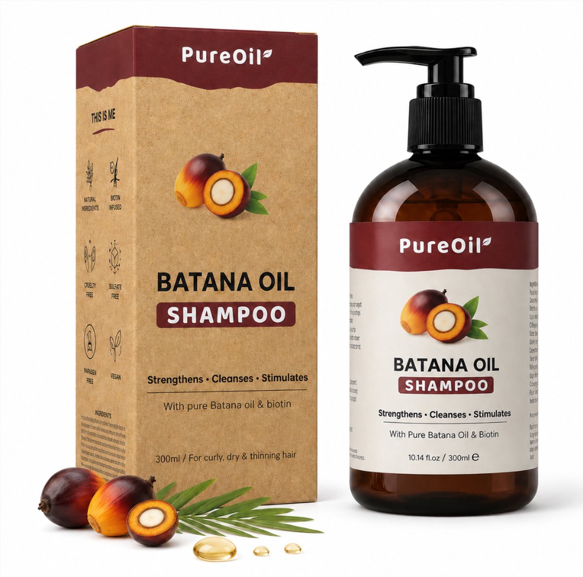 PureOil - Batana Oil Shampoo - 300ml - Haargroei & Anti Pluis - Met 100% Pure Batana Olie & Biotine - Wonderolie - Haarverzorging - Hoofdhuid - Anti Roos