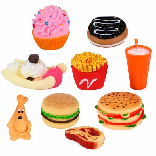 Collage van negen hondenspeeltjes in de vorm van fastfood en desserts.