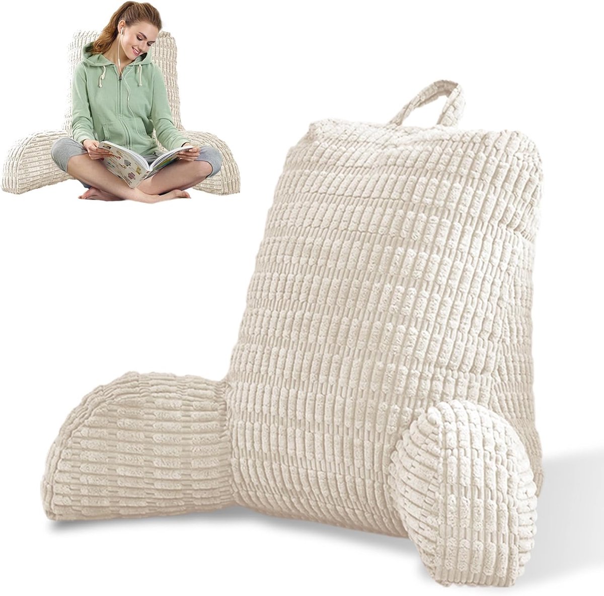 Leeskussen met rugleuning - Bedkussen bankkussen - Comfortabel lezen - Verlengde armsteunen - 80 x 55 cm - Beige