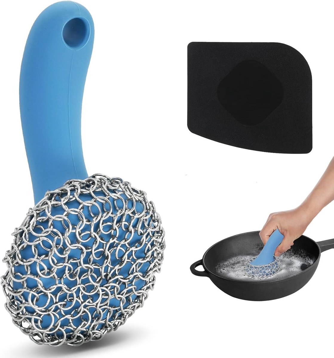 Gietijzeren schrobber - Pan reiniger - Keuken schoonmaken - Handgeweven 3D structuur - Lange steel - Blauw